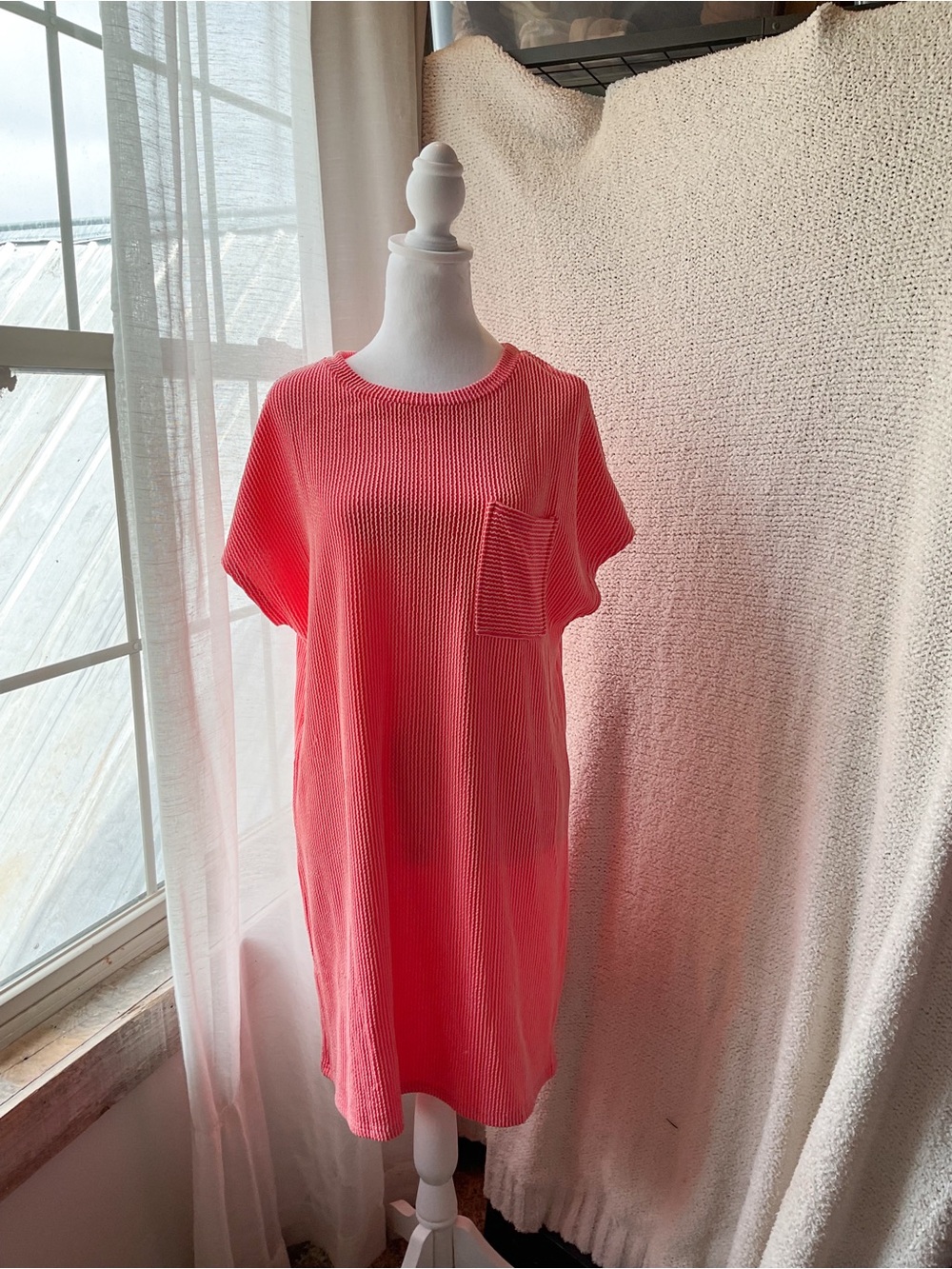 Coral Ribbed Pocket Shift Dress